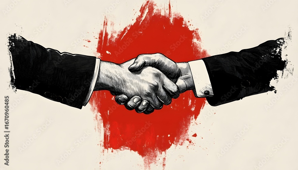 Poster the image shows two men in suits shaking hands, with a detailed focus on the hands themselves; the b