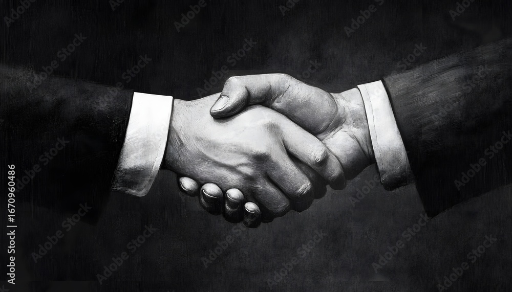 Poster the illustration shows two hands clasped in a handshake; the image is rendered in grayscale, emphasi