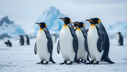 Fototapeta premium Group of penguins standing together on icy landscape, Antarctica wildlife 