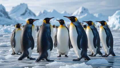 Fototapeta premium Group of penguins standing together on icy landscape, Antarctica wildlife 