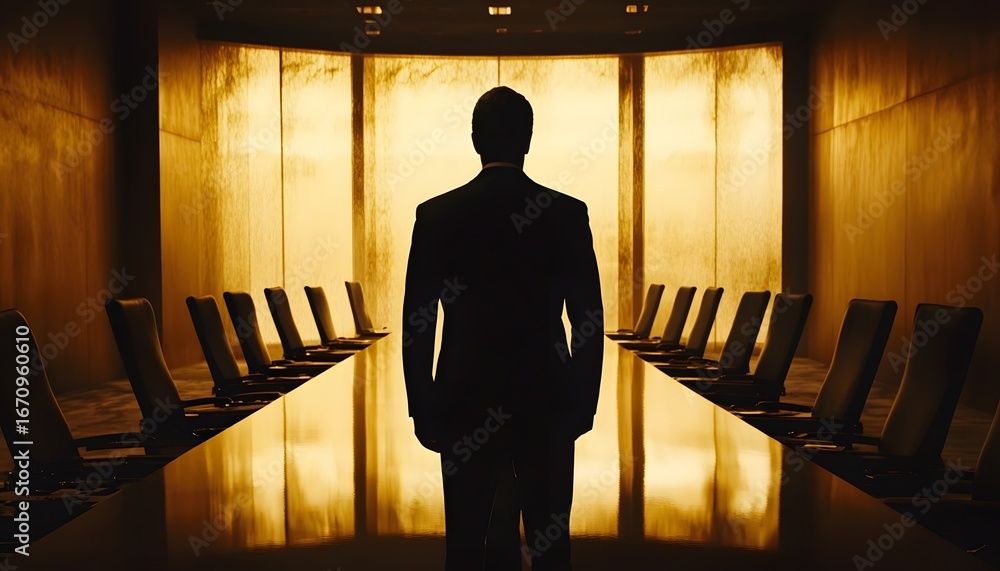 Poster the image shows a single man in a suit standing at the end of a large conference table with empty ch