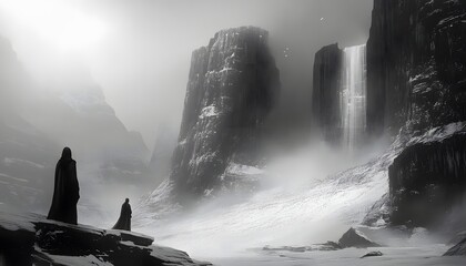 The illustration depicts two individuals in dark cloaks standing on snow-covered rocks, overlooking a large waterfall that flows between tall, dark cliffs in a misty, cold environment.