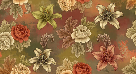 Elegant Vintage Floral Pattern with Roses Lilies and Ornate Leaves.
