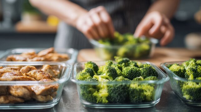 Medium shot of a person arranging grilled chicken and steamed broccoli in meal prep containers focused on the meal with the person slightly blurred behind.