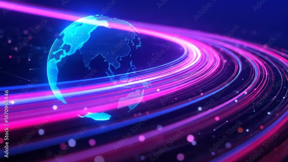 Poster abstract digital earth globe with swirling pink and blue light trails on a dark background for globa
