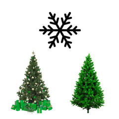 Christmas tree decorated with ornaments and gifts, and plain green pine tree, holiday season symbol isolated on transparent background