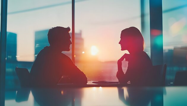 Two silhouetted figures are seated at a table near a window, having a conversation as the sun sets outside.