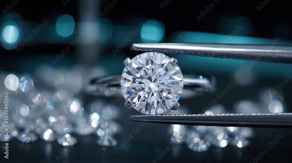 Poster multistone ring held carefully by tweezers in the foreground with blurred glimmers of gems and tools