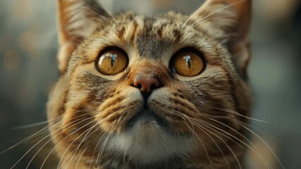 Eyes wide open, furry feline looking at camera with curiosity.