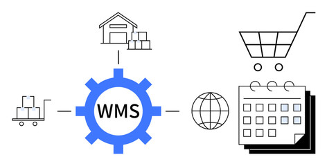 Gear labeled WMS connected to warehouse, stockpile, cart, trolley, globe, and calendar. Ideal for logistics, ecommerce, supply chain inventory tracking workflow optimization scheduling simple