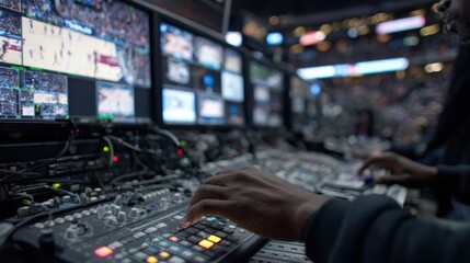 Focused medium shot capturing a VR sports directors hands adjusting feed controls while the surrounding blurred monitors and cables create an immersive courtside broadcast