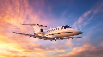 Obraz premium A sleek private jet soars through a vibrant sky, bathed in the warm hues of sunset, evoking a sense of freedom and aspiration, captured with dramatic lighting.