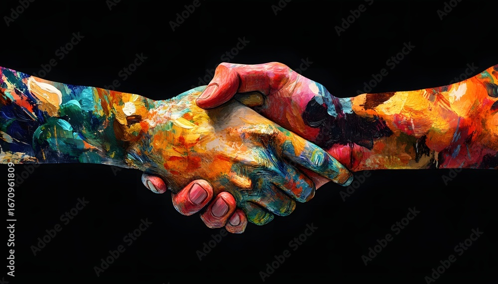 Poster two hands, vividly painted with multiple colors, are shown shaking in a gesture of unity and agreeme