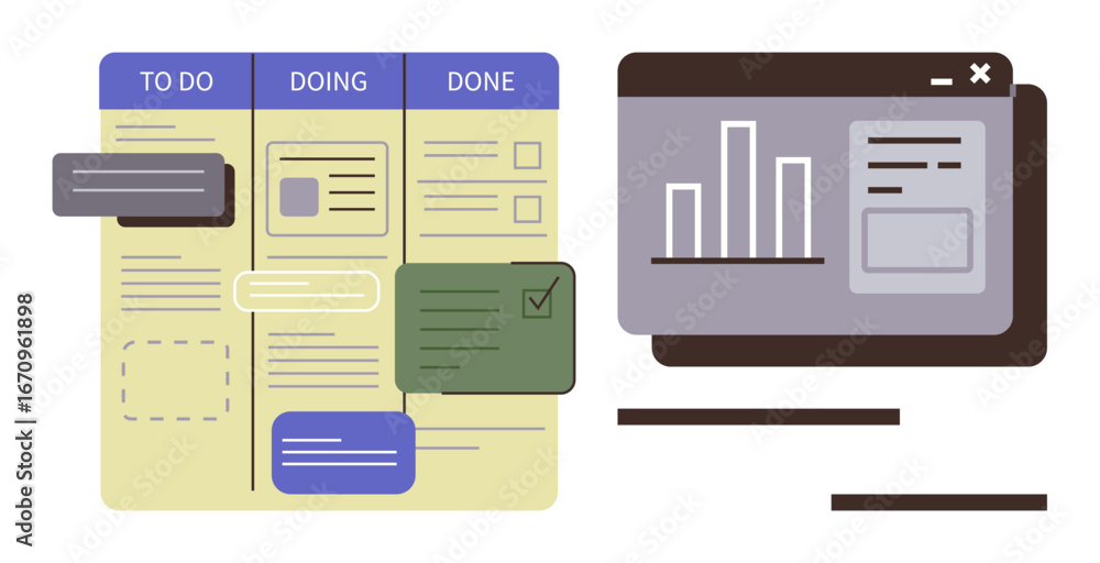 Poster task board with to-do, doing, and done columns alongside data visualization dashboard. ideal for wor