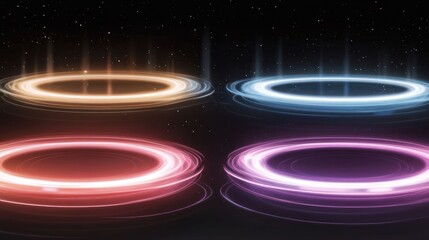 A digital illustration of four glowing circular portals in various colors against a starry background.