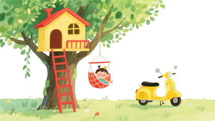 Fototapeta premium Tree house for relaxation, cute children watercolor illustration for wallpapers or posters. Tree house with green foliage, red ladder, hanging chair and yellow scooter, isolated print