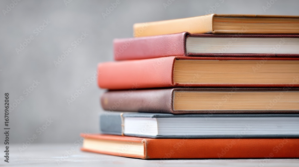 Poster stack of colorful vintage books arranged neatly on a table with a blurred background showcasing a co