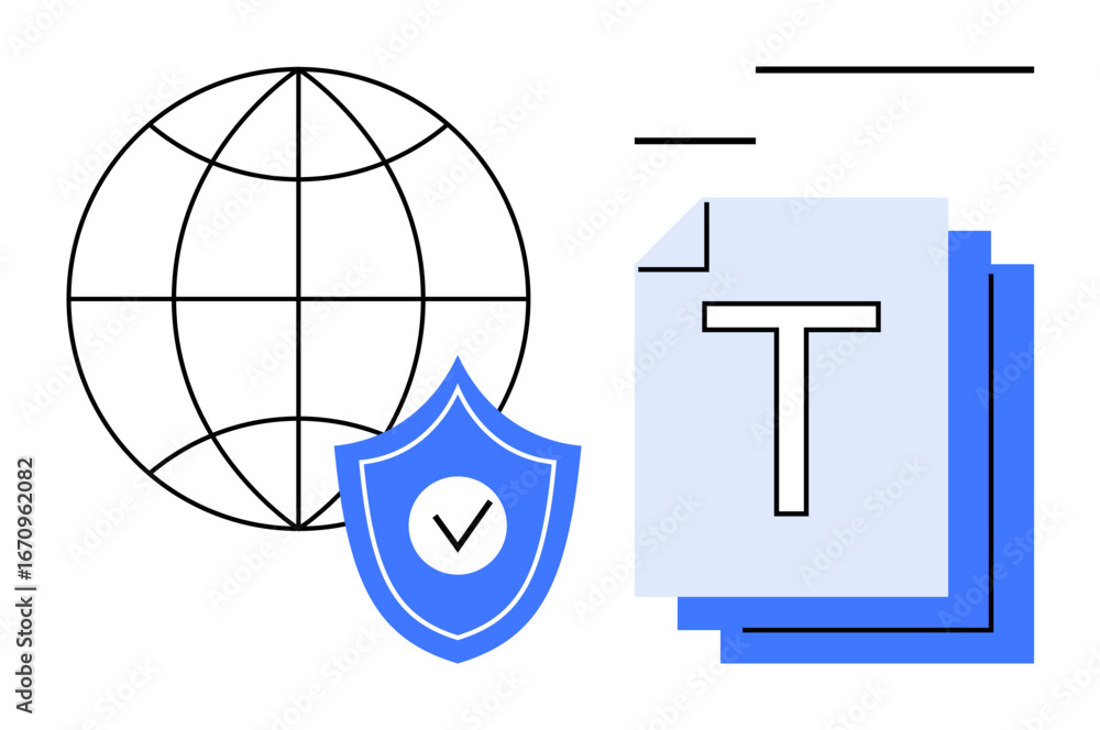 Poster globe symbolizing connectivity, shield with checkmark for security, stacked documents for informatio