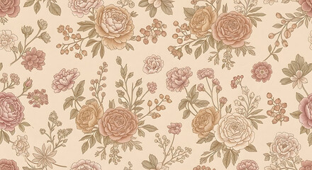 Floral Pattern with Roses and Berries in Earthy Tones Vintage Style.