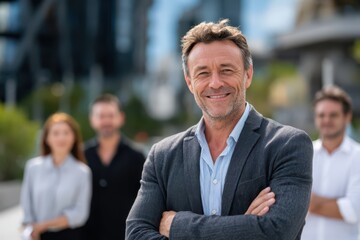 Confident middle aged businessman in suit smiling with arms crossed, standing outdoors with diverse team of colleagues blurred in the background in modern city setting