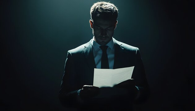 A man in a dark suit and tie is reading a document, illuminated by a single light source in a dark room. - Powered by Adobe