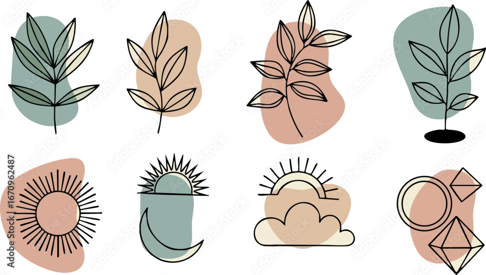 Poster minimalist botanical leaves and abstract sun icons vector set with earth tone color palette for desi
