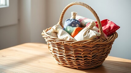 Woven basket filled with colorful fabric-wrapped parcels on a minimalist wooden table, bathed in soft natural light.