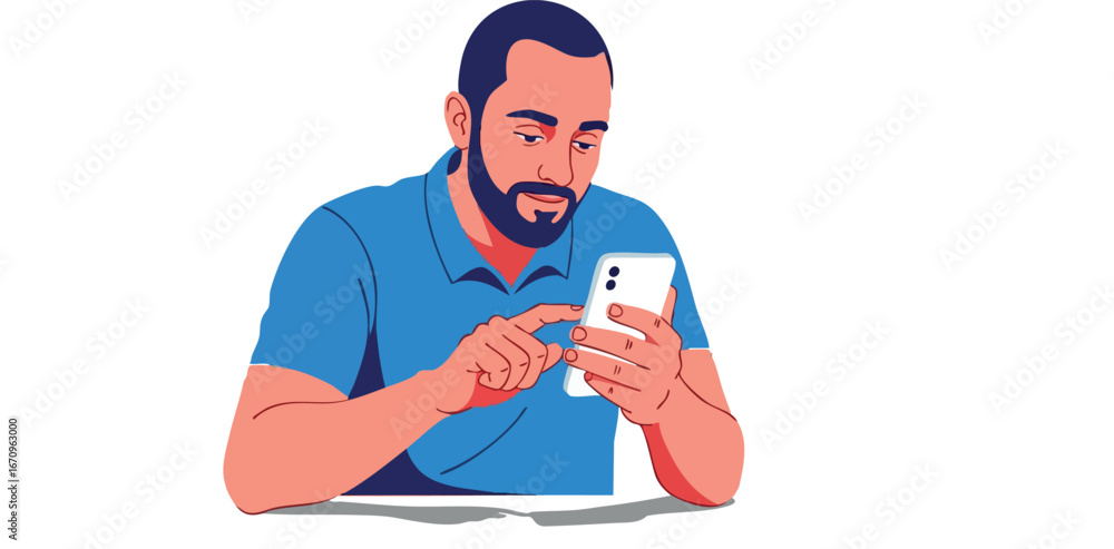 Poster man using smartphone browsing social media application with focused attention vector illustration