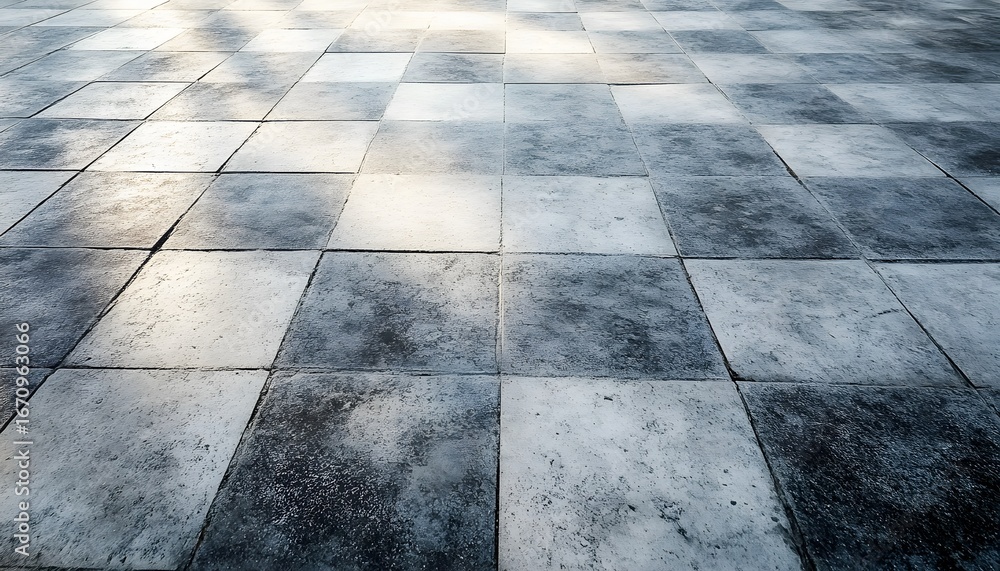 Poster the image shows a close-up view of a paved surface with a pattern of dark and light grey square tile