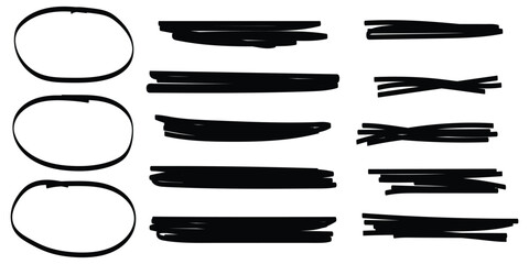 Vector cartoon abstract illustration of collection of various brush stroke element on white color background. Flat hand drawn sketch doodle style design of set of simple different marker shape. Eps 10