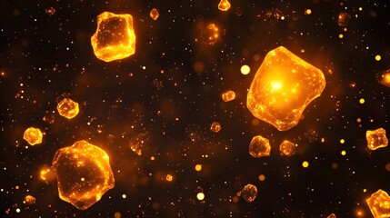 Illuminated, glowing crystalline structures scattered in a dark space.