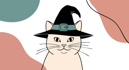 Cat wearing witch hat Halloween theme vector illustration with abstract shapes and muted colors