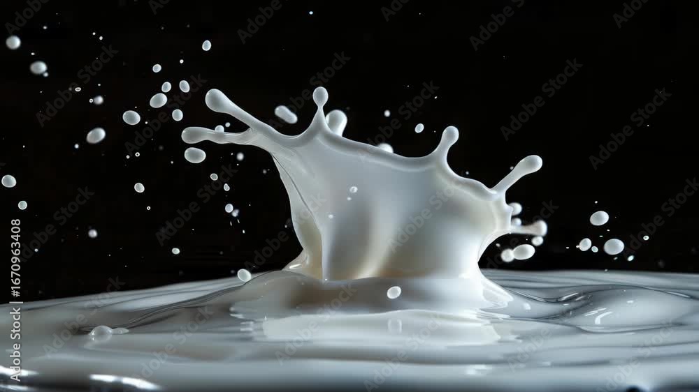 Poster white milk splashing in water with droplets flying around. shot with a shallow depth of field to hig
