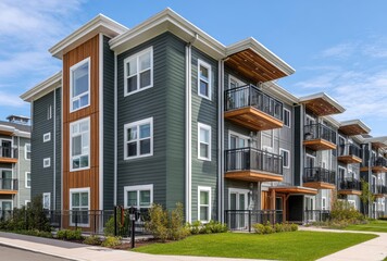 Fototapeta premium Modern multi-story residential building with balconies, large , and landscaped surroundings