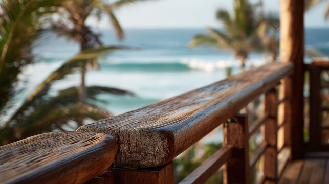 Medium shot showcasing hostel balcony railing made of old surfboards detailed wooden textures center frame with blurred ocean waves and palm trees in background.