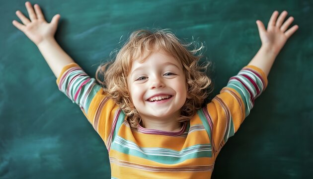 A joyful toddler with blond curly hair smiles broadly while lying on a dark green chalkboard with arms outstretched.