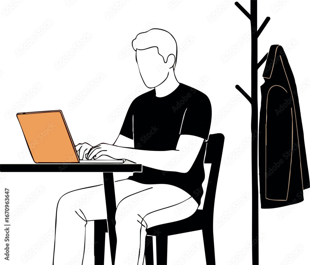 Aufkleber man working on laptop at table with coat rack and jacket in minimal vector style