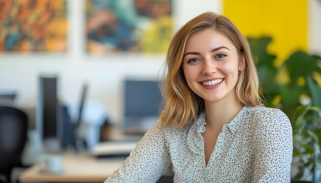 A young woman with shoulder-length blonde hair smiles at the camera while sitting in an office setting with blurred background details. - Powered by Adobe