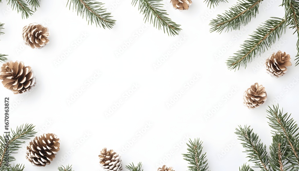 Poster the image shows multiple golden pine cones and several pine sprigs arranged around the perimeter of 