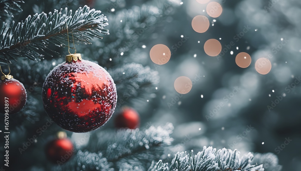 Poster the image shows several red christmas ornaments adorned with a light dusting of snow hanging from a 