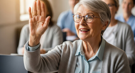 Senior Woman Raising Hand in Class Activ Audience Q&A Session	
