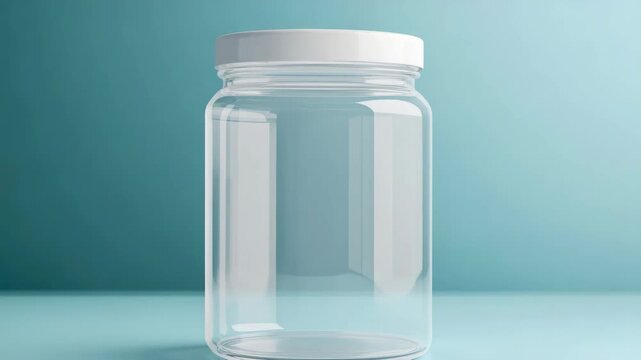 A clear jar is sitting on a blue surface. The jar is empty. There is no lid on the jar