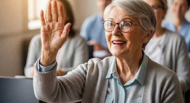 Senior Woman Raising Hand in Class Activ Audience Q&A Session	
