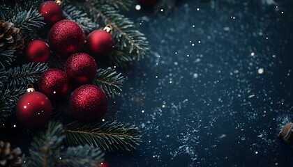 Several red Christmas ornaments and pine branches covered in artificial snow are arranged on a dark blue background with bokeh-style snow effects.