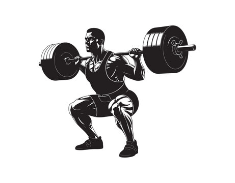 A powerlifter is doing a squat with a barbell resting on their shoulders. It's a black silhouette against a white background.
