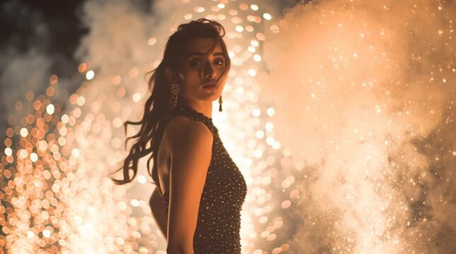 High fashion Diwali photoshoot with stunning fireworks backdrop illuminating a glamorous model in festive attire