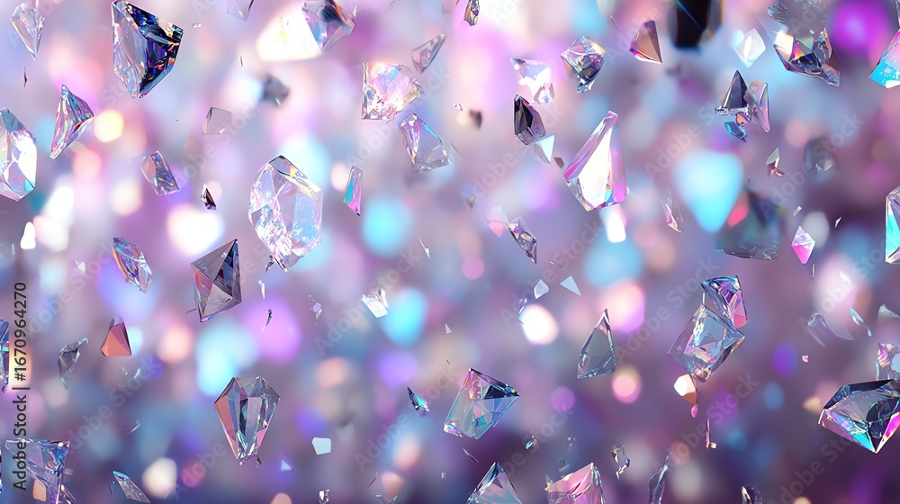 Poster a cascade of crystalline fragments drifts through a softly illuminated space, creating a mesmerizing