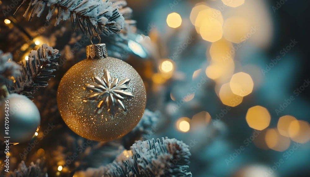 Poster a sparkly gold christmas tree ornament with a snowflake design hangs from a snow-dusted artificial t