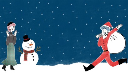クリスマスの夜にサンタのコスチュームで待ち合わせするカップルの手描きのクリスマスイラスト