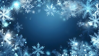The illustration features many detailed snowflakes of various sizes, arranged around a central blue space with bokeh effects and subtle sparkle.